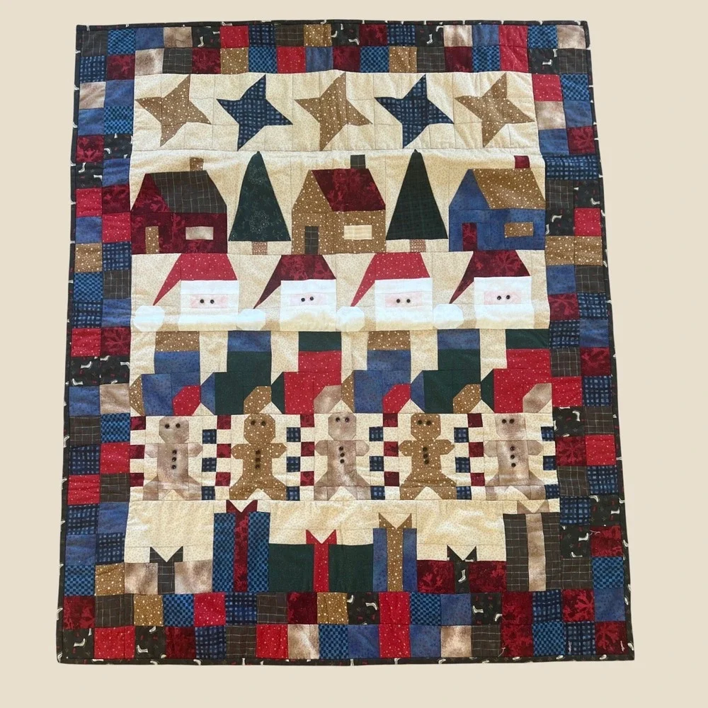Handmade Christmas Patchwork Quilt Santa Gingerbread Wall Hanging Primitive